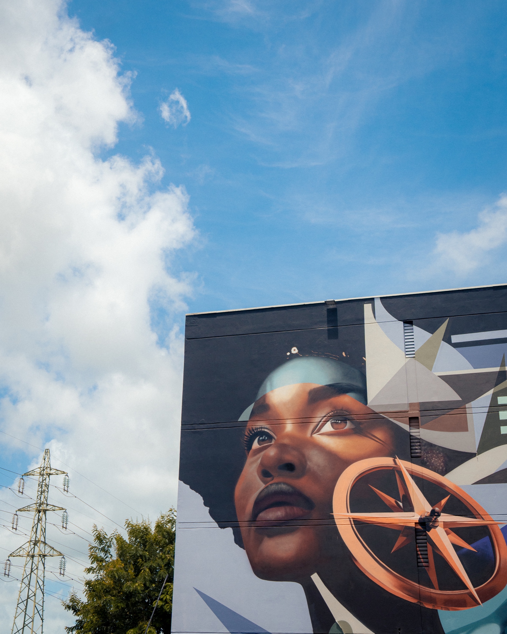 Fresque monumentale représentant un visage sur un immeuble guadeloupéen